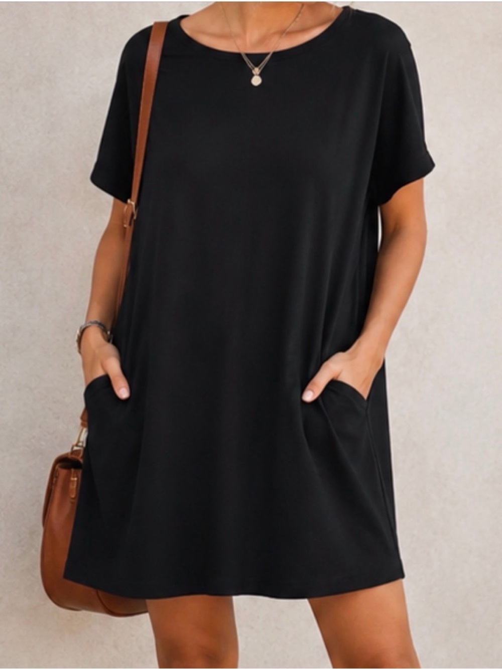 Eileen Fisher Black Oversized T-Shirt Dress Cotton Spandex Pockets Large Petite